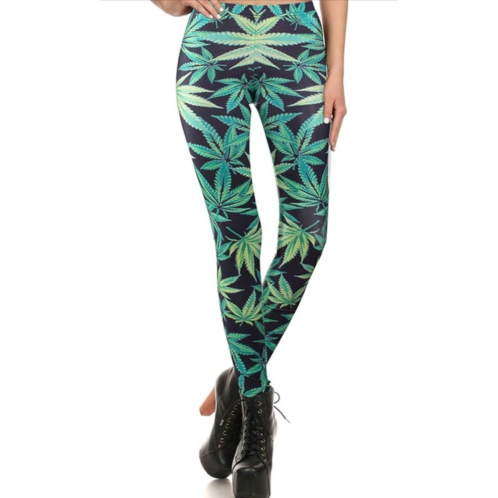 Casual Workout Fashion Weed Stretch Fabric Elastic High Waist Ankle-Length Leggi